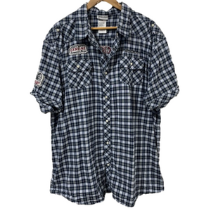 Disney Parks Pearl Snap Mickeys Vintage Mechanic Blue Plaid Men’s Shirt Size XXL